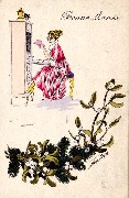 Bonne ann&eacute;e. Branche de gui. Assise, elle regardes deux lettres