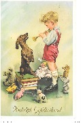 (petit enfant jouant de la fl&ucirc;te et basset debout sur ses pattes arri&egrave;res et jouets)