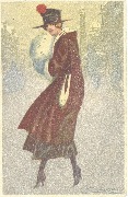 Femme se promenant sous la neige,chapeau noir à pompon rouge