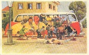 Vacances humoristiques (les touristes se pr&eacute;cipitent dans un car rouge)