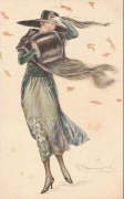 Bompard. Femme au vent avec étole et grand chapeau plat