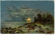(Soleil couchant sur la mer, au premier plan un vieux chateau)