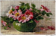 Fleurs d'églantier dans un vase vert