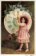 Frohe Stunden im neuen Jahre(fillette devant une horloge marquant minuit)
