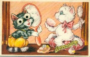 Chatte blanche se poudrant. Yeux mobiles